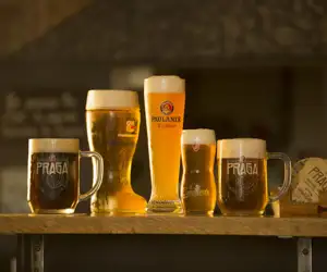 European draft beers served in glass boots and stein at Paprika, San Francisco